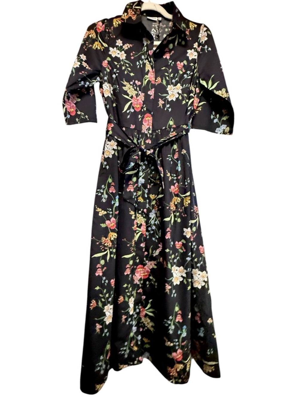 Black Floral Button-Front Maxi Dress with Waist Tie